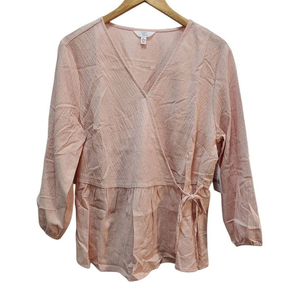 Time and True wrap top with balloon sleeves in pink Size Large 12-14